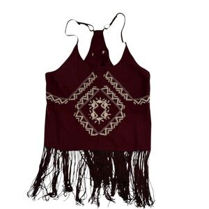 Maroon Sleeveless Tank with Fringe Detail Festival Aggieland Boho Cowgirl